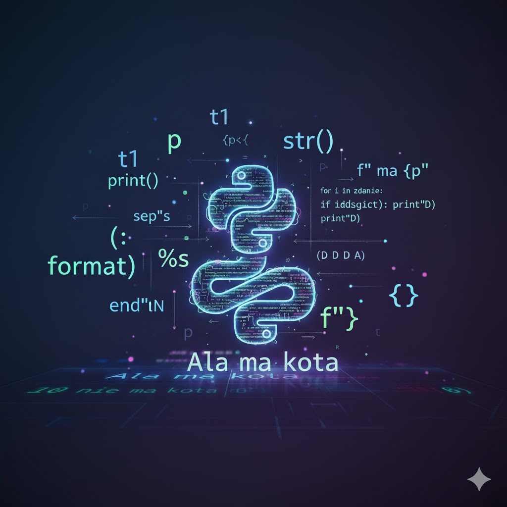 Neonowo-niebieski symbol Pythona w otoczeniu abstrakcyjnych elementów kodu i słów kluczowych związanych z operacjami na tekście